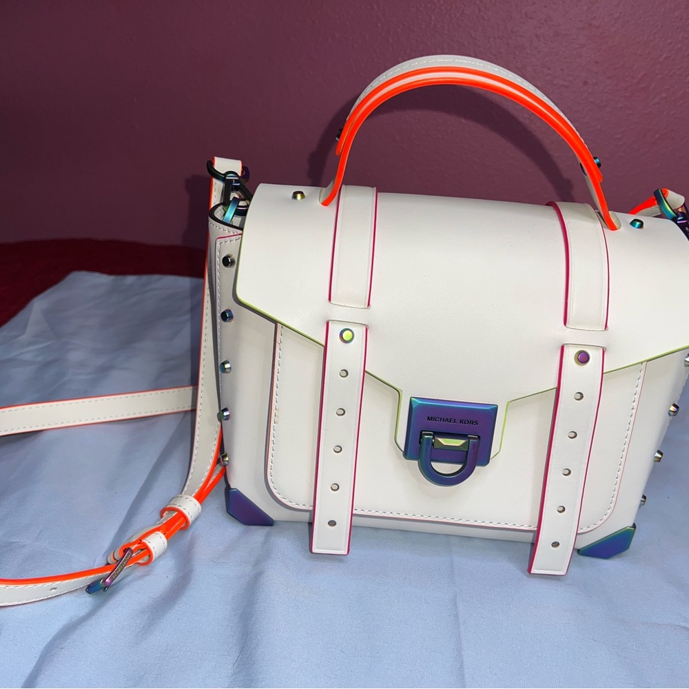 Michael Kors Manhattan White Satchel with Rainbow Accents - Picture 3 of 6